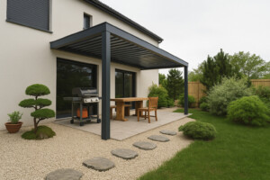 Terrasse moderne attenante à une maison blanche en Belgique, aménagée dans un style jardin japonais avec une pergola métallique gris anthracite, un sol en gravier clair, des dalles de pierre en pas japonais, des arbustes taillés façon bonsaï, une clôture en bambou et une table en bois sous la pergola.
