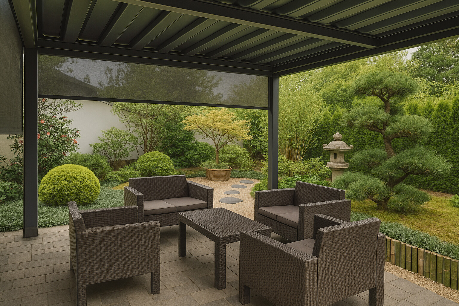 terrasse-jardin-japonais-pergola-contemporaine-belgique. Terrasse couverte contemporaine avec mobilier en résine tressée sous pergola bioclimatique, donnant sur un jardin inspiré du style japonais, agrémenté de pas japonais, de buissons taillés, d’un pin nuage, d’une lanterne en pierre et d’une clôture en bambou, le tout dans une ambiance zen et végétalisée.