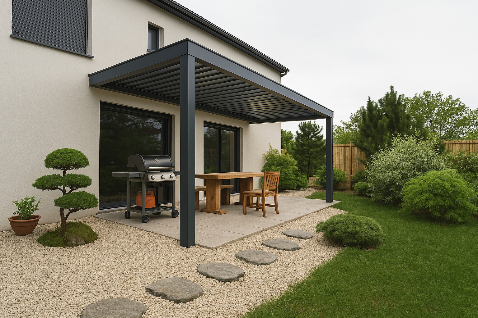 Terrasse moderne attenante à une maison blanche en Belgique, aménagée dans un style jardin japonais avec une pergola métallique gris anthracite, un sol en gravier clair, des dalles de pierre en pas japonais, des arbustes taillés façon bonsaï, une clôture en bambou et une table en bois sous la pergola.